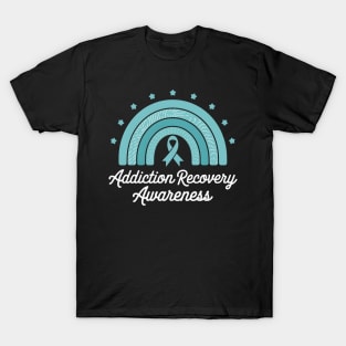 Addiction Recovery Awareness Teal Ribbon Rainbow Support T-Shirt